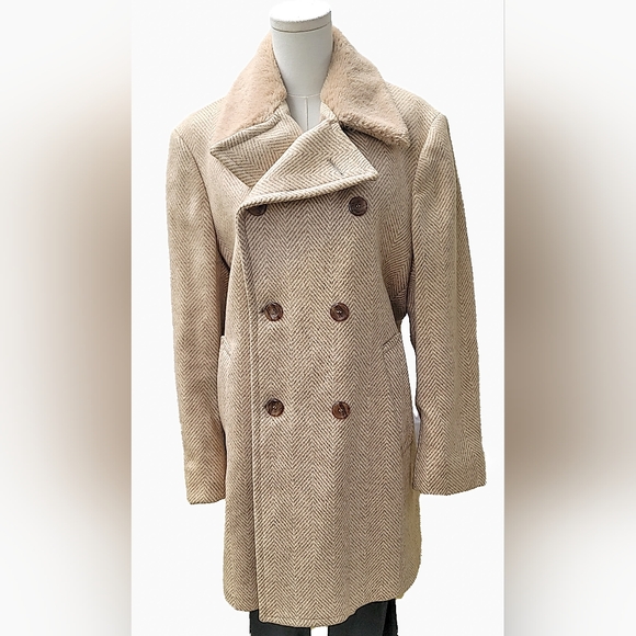 ZERO KING 70 Stylish Tan Double-Breasted Coat 100 % PURE VIRGIN WOOL RETRO LUXU - Picture 1 of 11